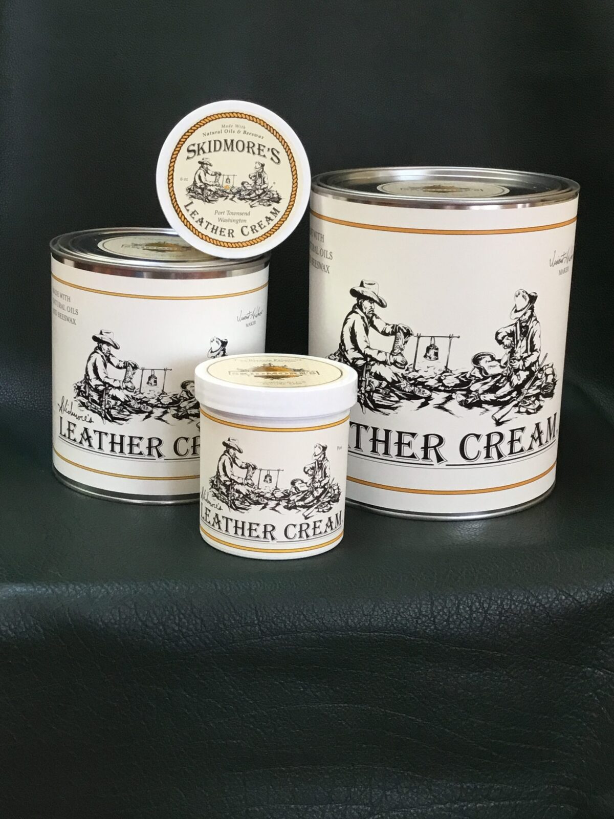 Leather care conditioner cream, 6oz through gallon, by Skidmore's — natural beeswax restores saddles, jackets, and furniture