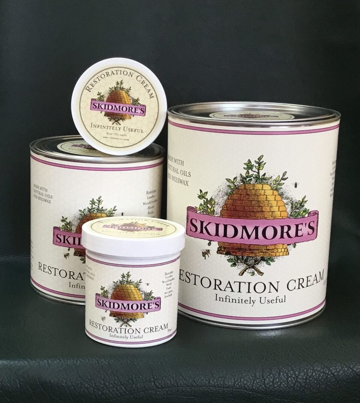Wood and leather restoration cream, 6oz to gallon sizes, by Skidmore's — natural beeswax, low-VOC, family-made USA