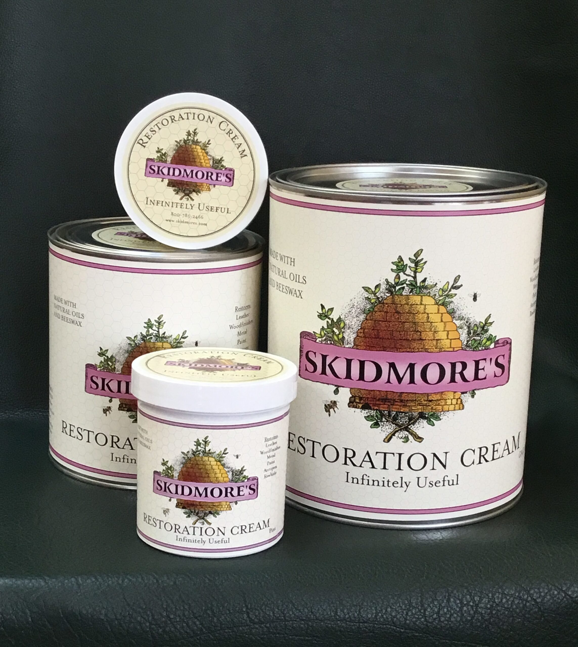 Wood and leather restoration cream, 6oz to gallon sizes, by Skidmore's — natural beeswax, low-VOC, family-made USA