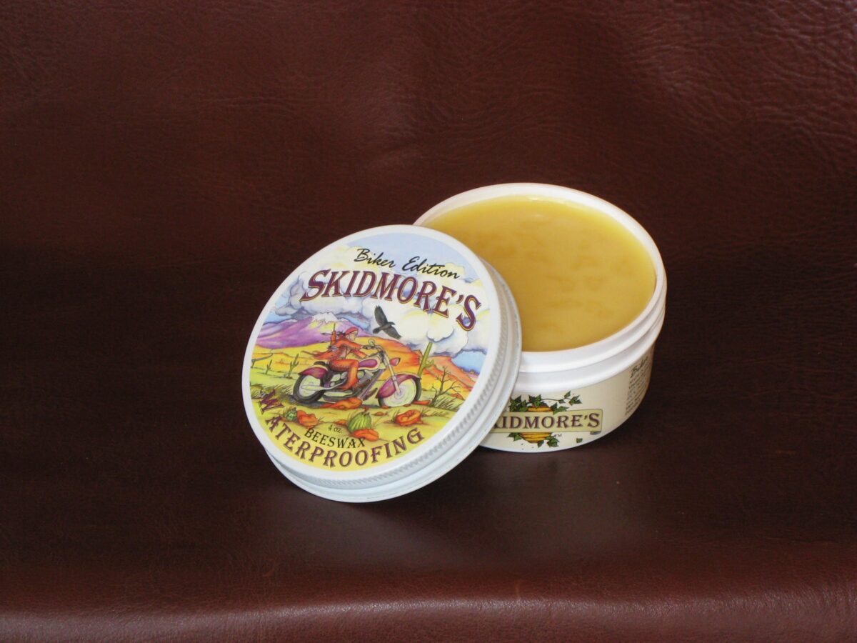 Motorcycle leather waterproofing Biker Edition 6oz by Skidmore's — beeswax weather protection for biker leather