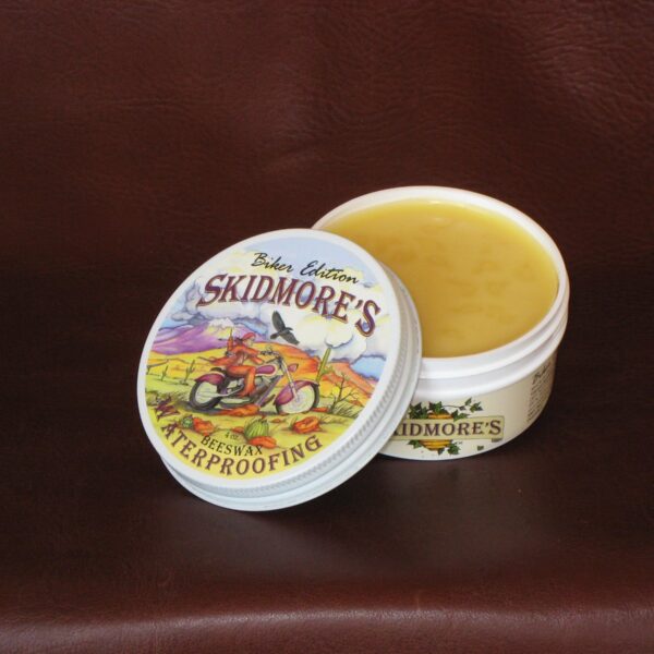 Motorcycle leather waterproofing Biker Edition 6oz by Skidmore's — beeswax weather protection for biker leather