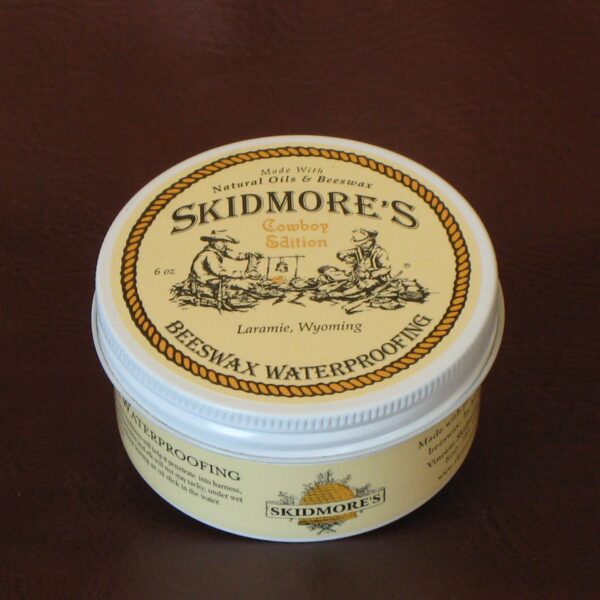 Leather waterproofing cream 6oz by Skidmore's — all-natural beeswax barrier for boots, tack, and outdoor leather