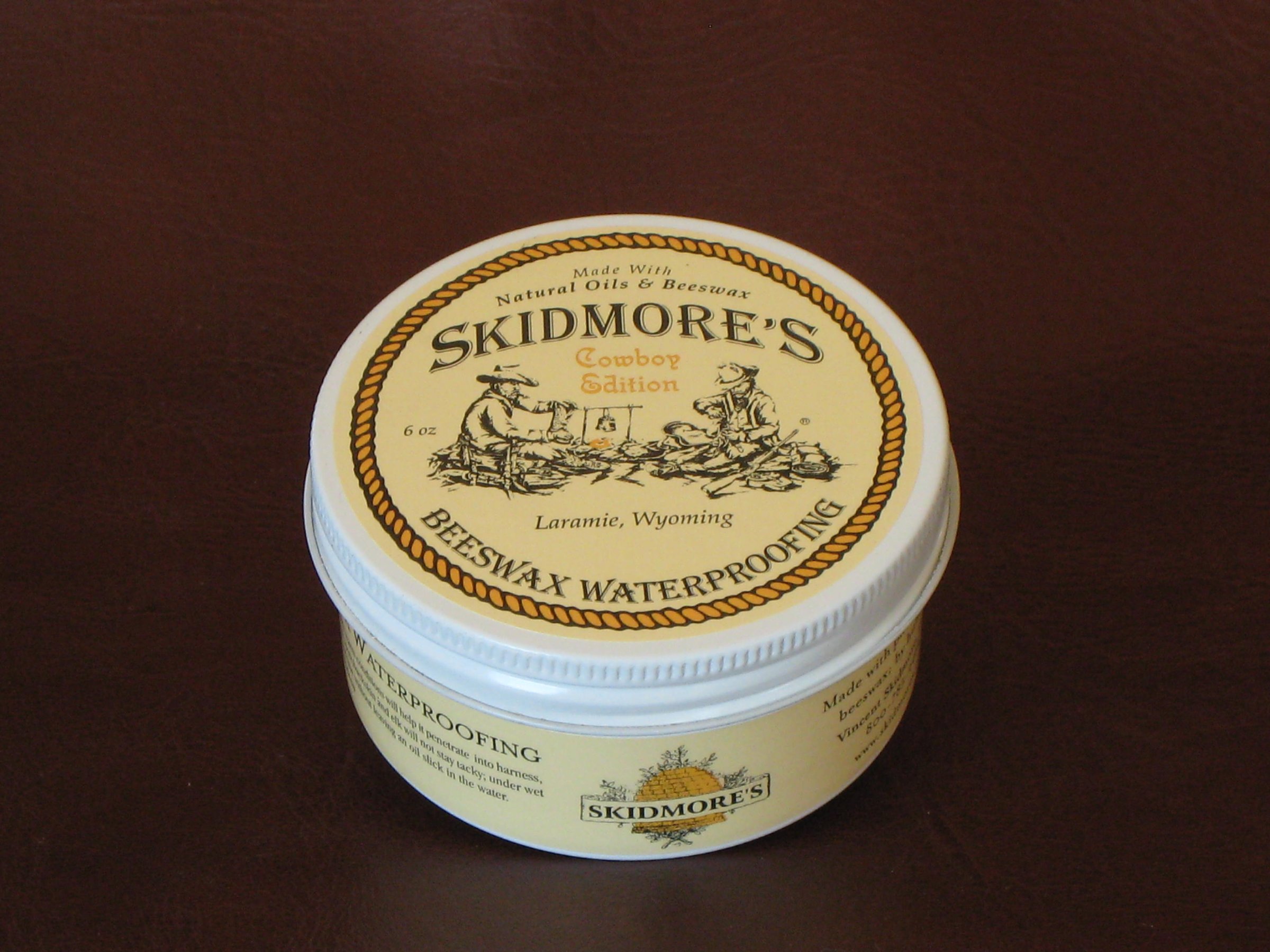 Leather waterproofing cream 6oz by Skidmore's — all-natural beeswax barrier for boots, tack, and outdoor leather