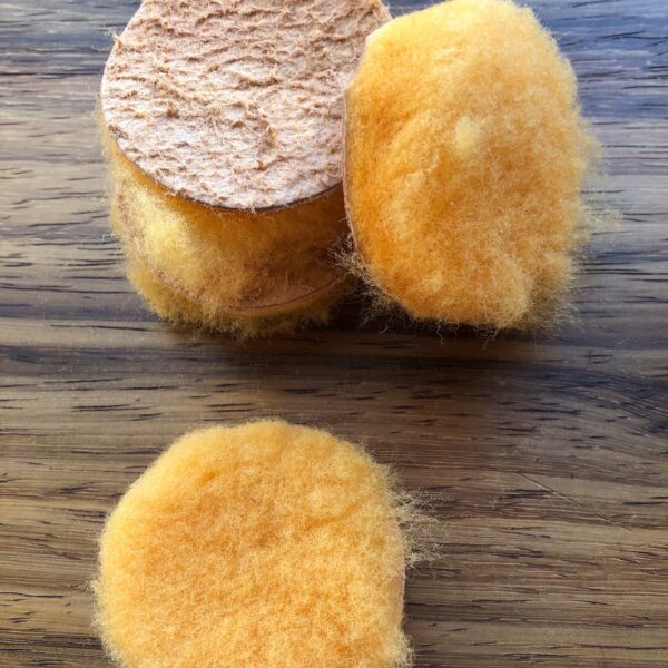 Sheepskin applicator pads for Skidmore's leather cream and wood finish — soft buffing and even coverage